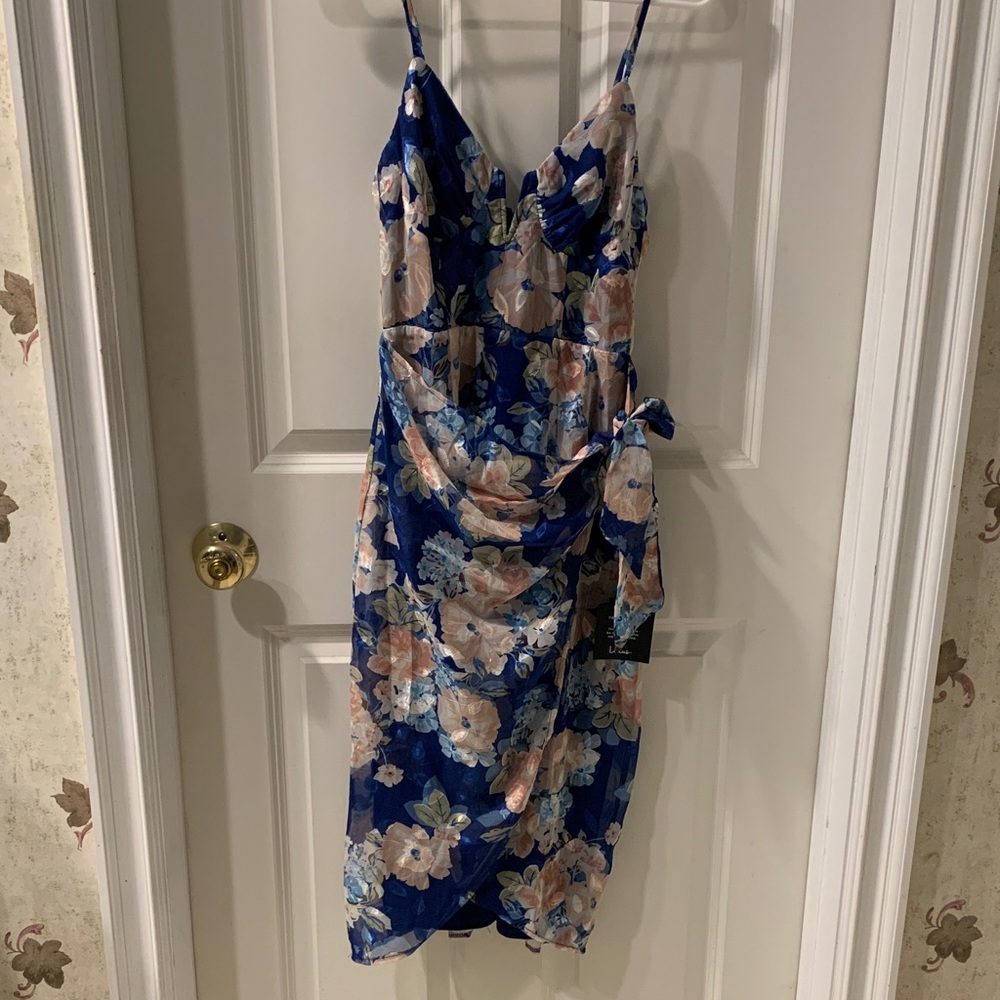 Lulu's Navy Blue Floral Midi Slip Dress with Tie Detail